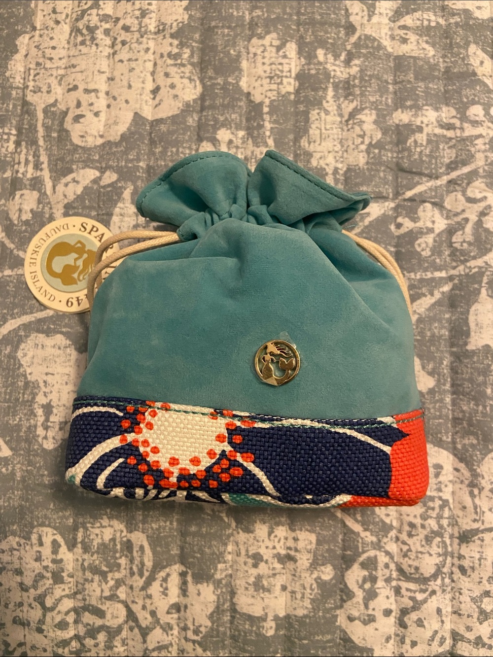 Spartina 449 Teal Suede Drawstring Cosmetic Pouch with Navy & Coral Trim